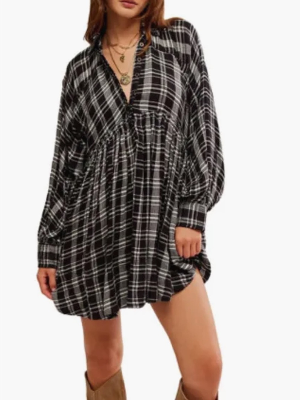 Free People Hoffman plaid long sleeve mini shirtdress in black combo size small